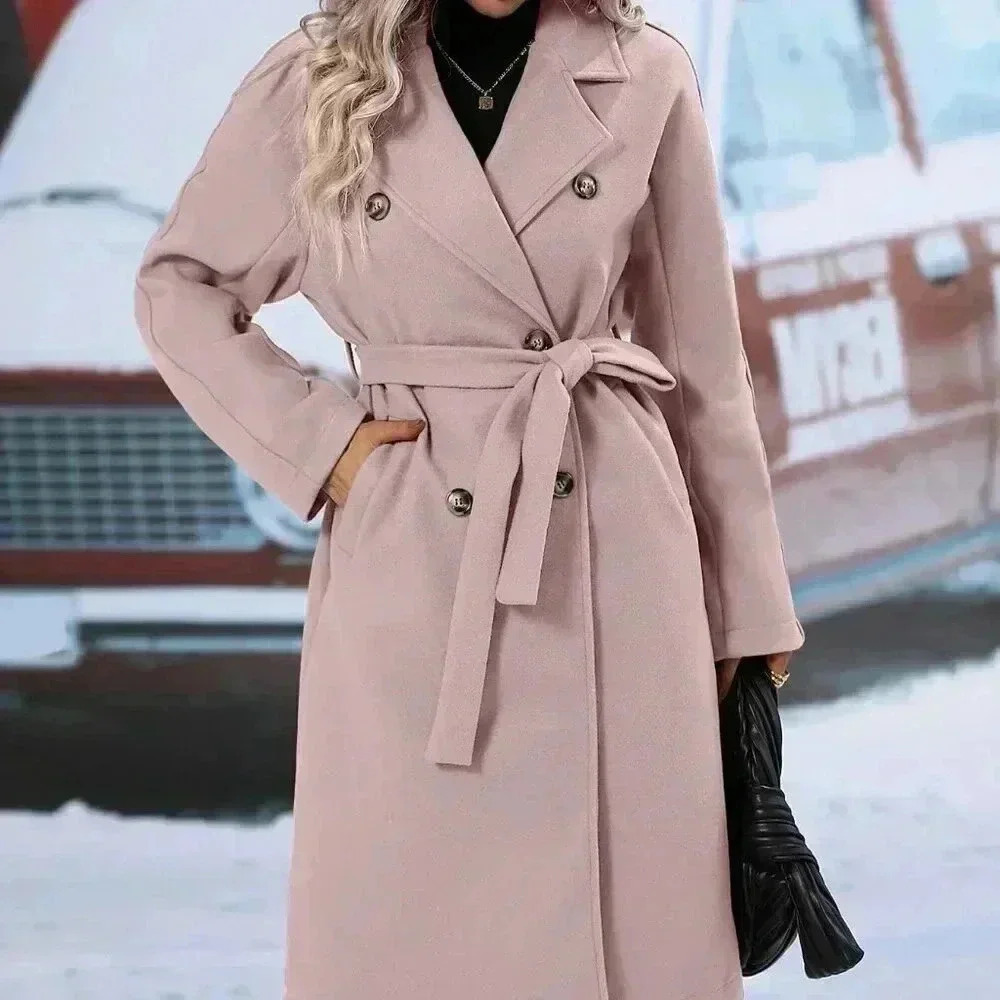 Casual Women's Lapel Neck Double Breasted Belted Jacket coat Dusty Pink - Picture 4 of 6
